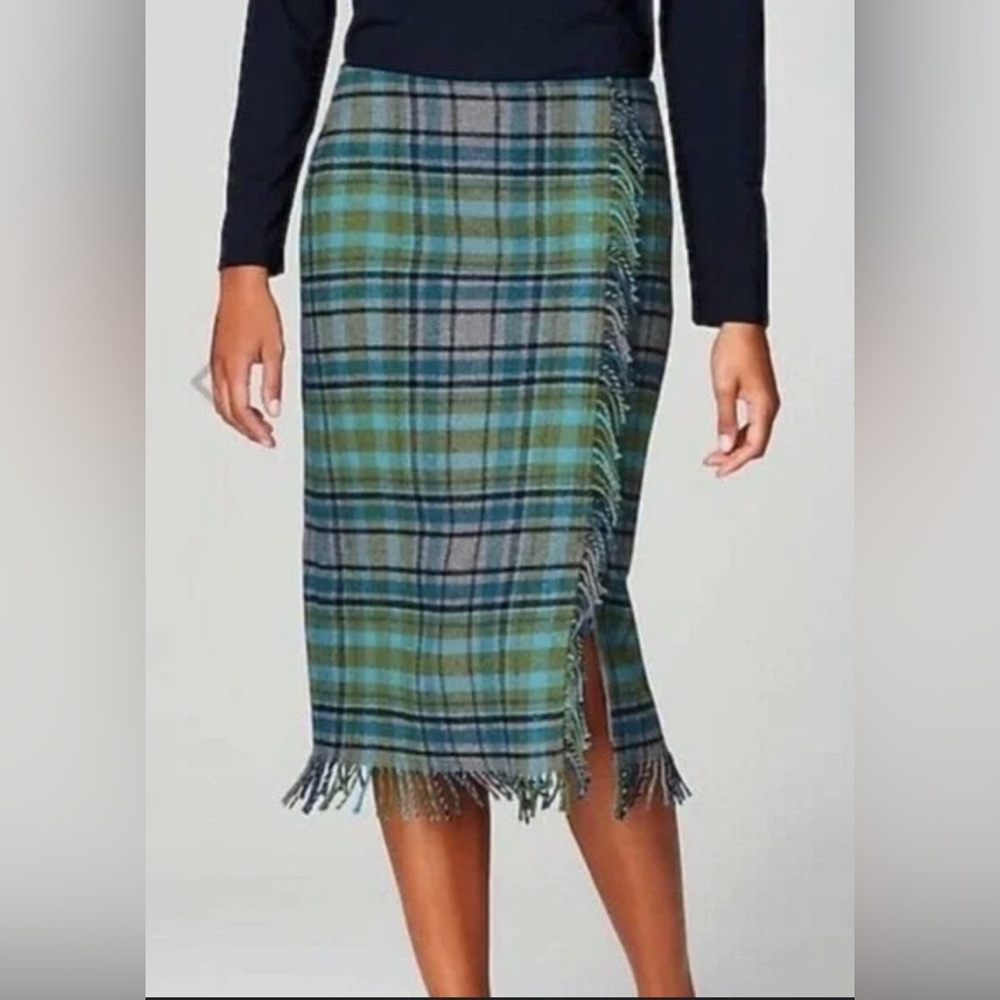 J. Jill Plaid Pencil Skirt Wool Blend Plaid Fringe Blue Green Boho 16 Petite